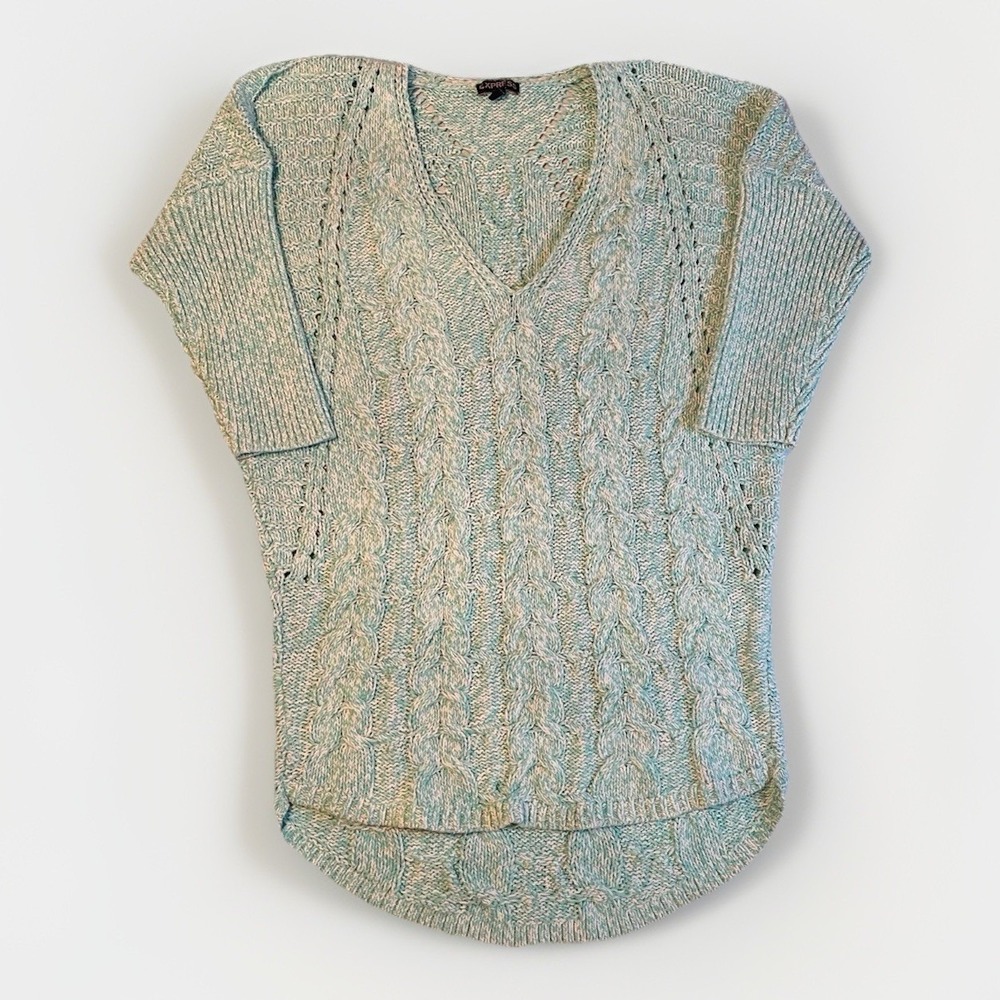 Express Sweater Womens Small Mint Green Cable Knit V-Neck High Low Dolman Sleeve